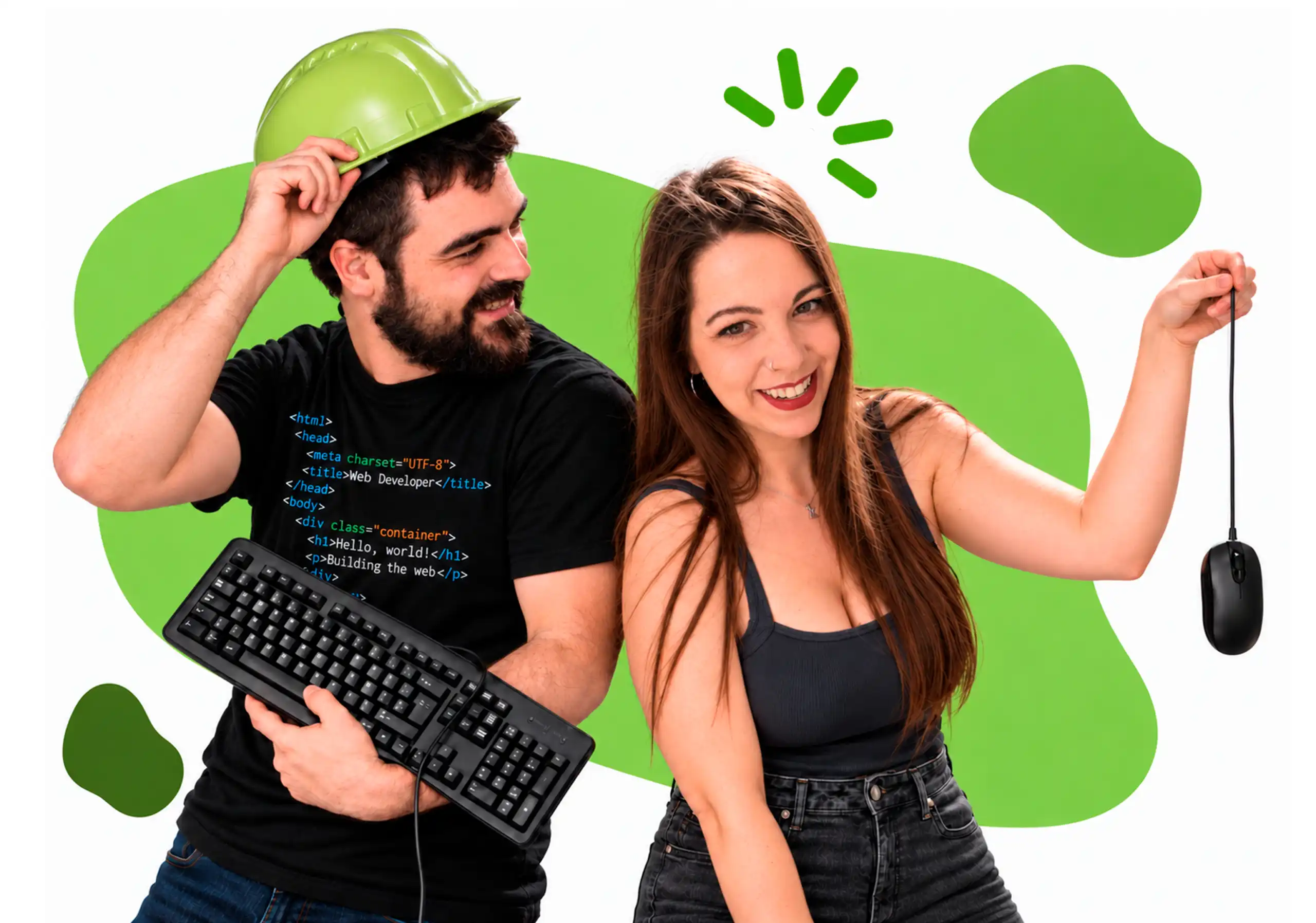 Dos personas con un teclado y un ratón sobre formas verdes