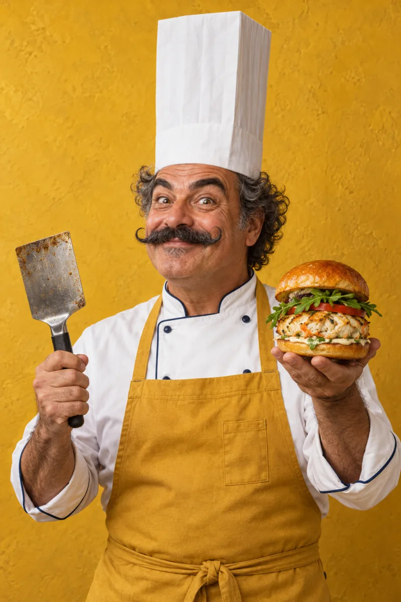 Robertino Porifera con su alto gorro cuadrado de cocinero