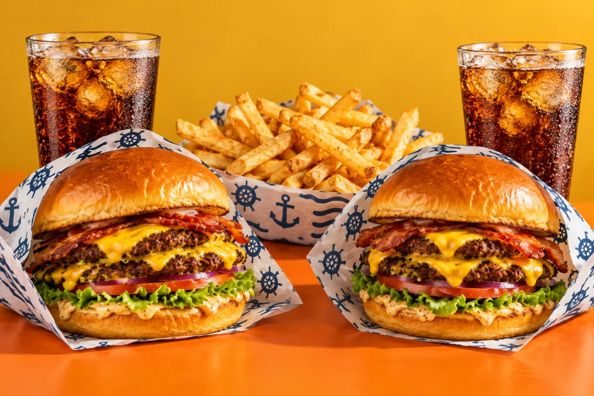 Dos hamburguesas dobles con patatas grandes y dos refrescos