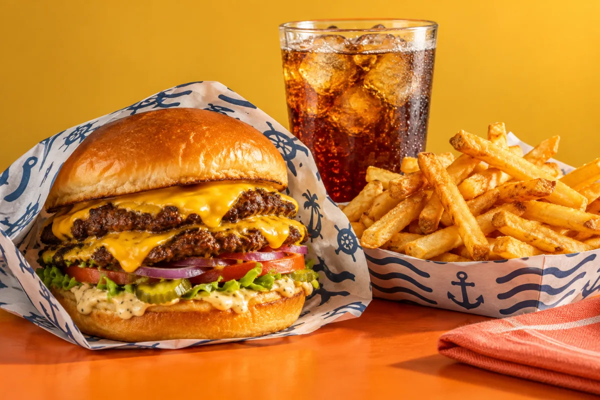 Menú con hamburguesa, patatas y bebida
