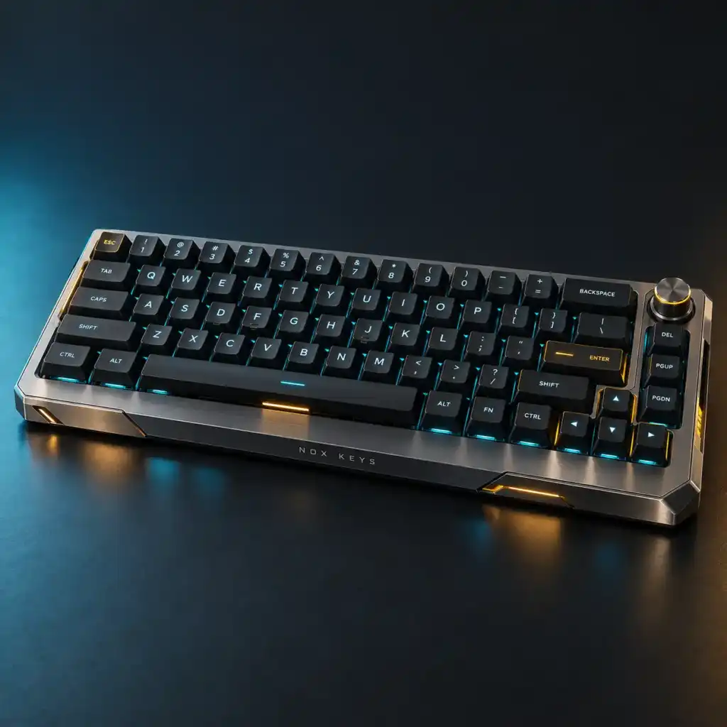 Teclado mecánico Nox Keys N1 de acabado metálico, con iluminación cian y detalles ámbar.